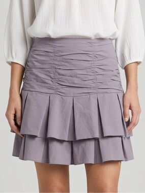 Odille Ruched Pleated Tiered Ruffle Hem Mini Skirt Womens Size 10 Dusty Lavender